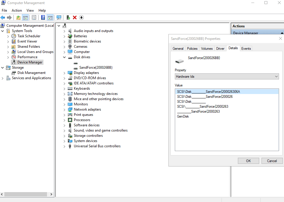 SandForce bug, Windows Device Manager shows SandForce {200026BB}